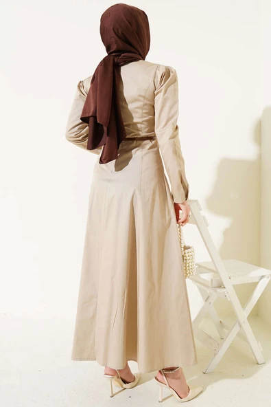 İnce Kemerli Poplin Elbise Vizon - Resim 3