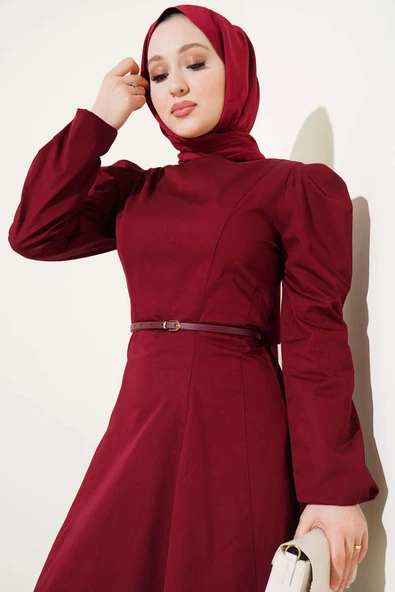İnce Kemerli Poplin Elbise Bordo - 2