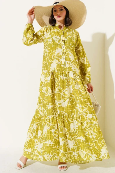 Batik Desen Yarım Düğmeli Elbise Yağ Yeşili