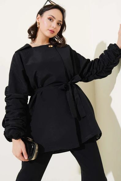 Kol Büzgülü Kuşaklı Ceket Siyah ürün görseli 1