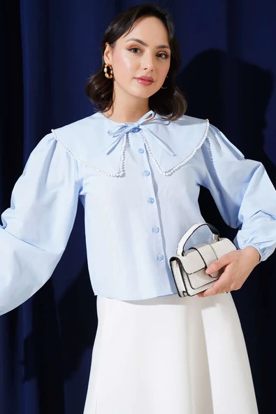 İncili Denizci Yaka Kısa Gömlek Buz Mavisi ürün görseli 1