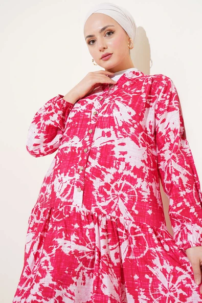 Batik Desen Yarım Düğmeli Elbise Alizarin - 2