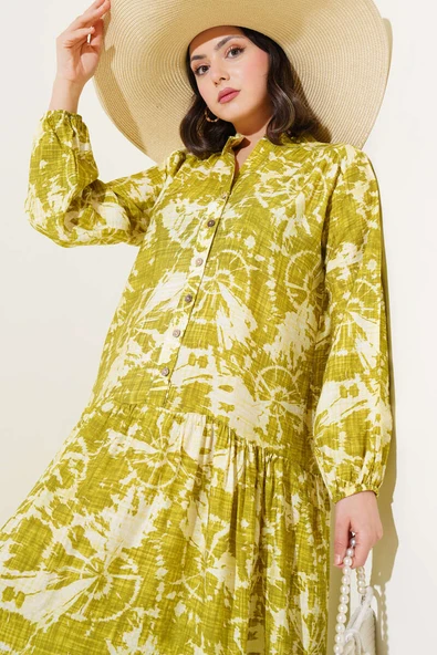 Batik Desen Yarım Düğmeli Elbise Yağ Yeşili - Resim 2