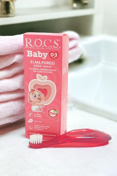 R.O.C.S. Rocs Baby 0-3 Yaş Elma Püresi Tadında Diş Macunu 45g Kırmızı Diş Fırçası Seti - 3