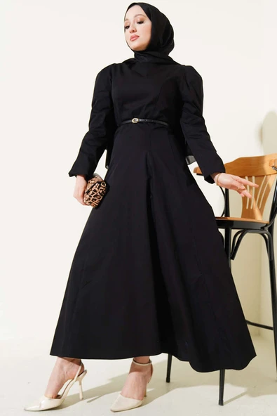 İnce Kemerli Poplin Elbise Siyah ürün görseli 1