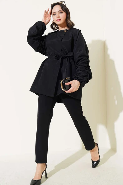 Kol Büzgülü Kuşaklı Ceket Siyah - Resim 2
