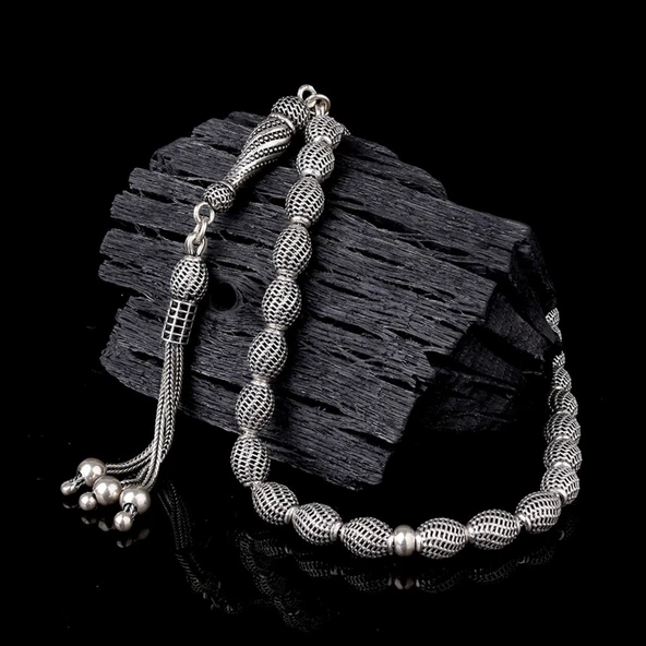 925 Ayar Gümüş Arpa Kesim Fizyon Tesbih Model 11 - Resim 2