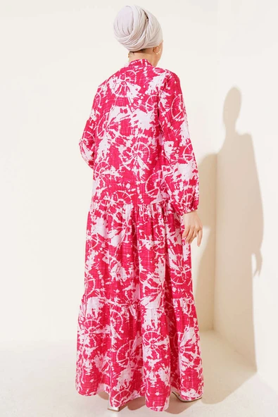 Batik Desen Yarım Düğmeli Elbise Alizarin - 3