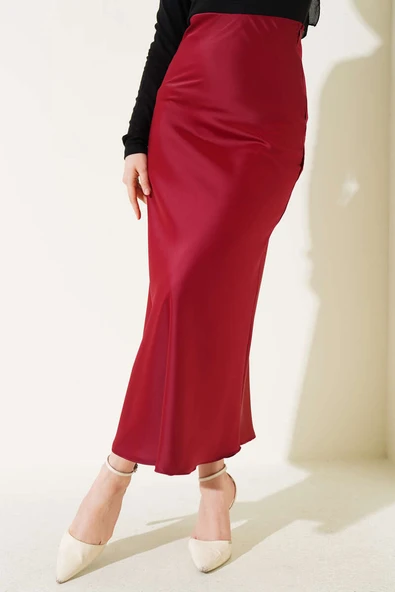 Bel Lastikli Saten Etek Bordo - Resim 2