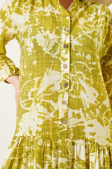 Batik Desen Yarım Düğmeli Elbise Yağ Yeşili - 4