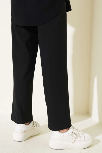 Bel Lastikli Çımalı Dar Paça Pantolon Siyah - Resim 3