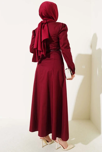 İnce Kemerli Poplin Elbise Bordo - 3