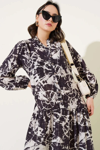 Batik Desen Yarım Düğmeli Elbise Mürdüm - Resim 2