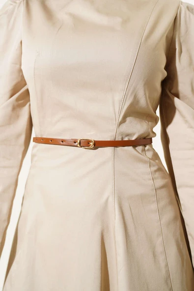 İnce Kemerli Poplin Elbise Vizon - Resim 4