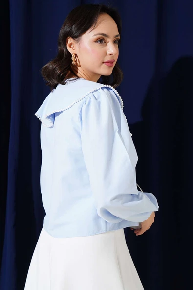 İncili Denizci Yaka Kısa Gömlek Buz Mavisi - Resim 3