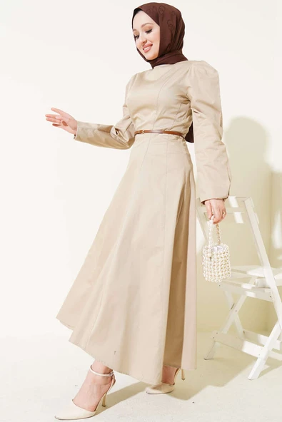 İnce Kemerli Poplin Elbise Vizon ürün görseli 1