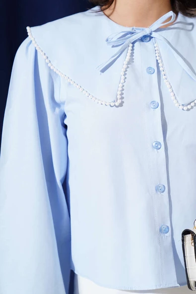 İncili Denizci Yaka Kısa Gömlek Buz Mavisi - Resim 4