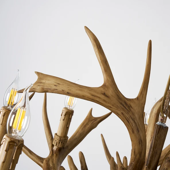 Apliqa Zoye Ahşap 8'li Geyik Boynuzu Desenli Modern Kafe Restoran. Salon Avize - Resim 6