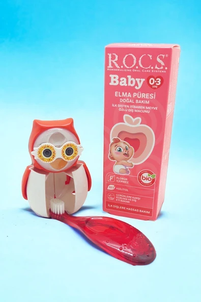 R.O.C.S. Rocs Baby Owl Bakım Seti - Bebek Diş Macunu + Diş Fırçası + Flipper Baykuş Saklama Kabı - 2