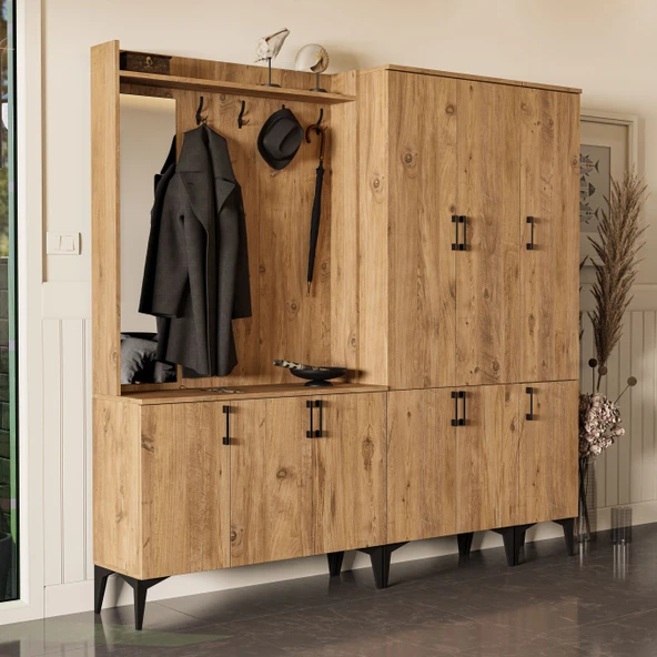 Set 5100-5104-5102 Inca Sol Aynalı 9 Kapaklı 9 Askılı Raflı Portmanto Atlantik Çam - 4