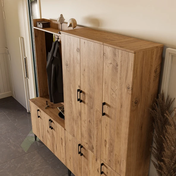 Set 5100-5104-5102 Inca Sol Aynalı 9 Kapaklı 9 Askılı Raflı Portmanto Atlantik Çam - 5