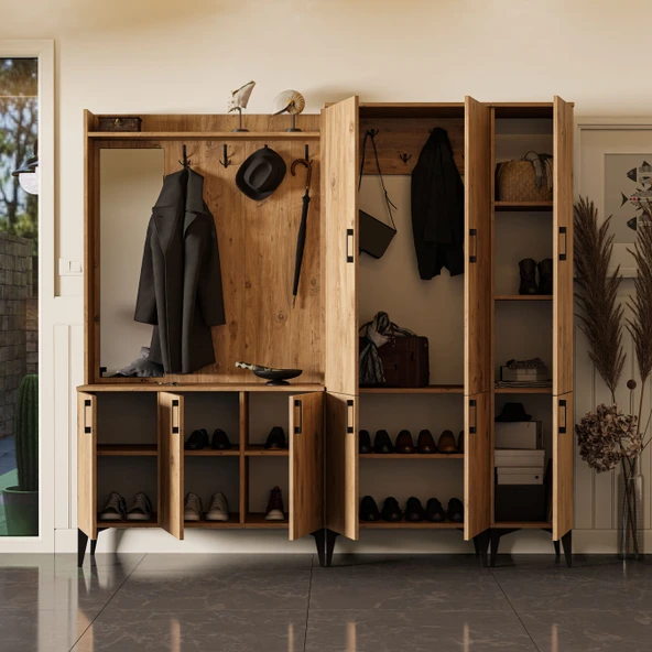 Set 5100-5104-5102 Inca Sol Aynalı 9 Kapaklı 9 Askılı Raflı Portmanto Atlantik Çam - 6