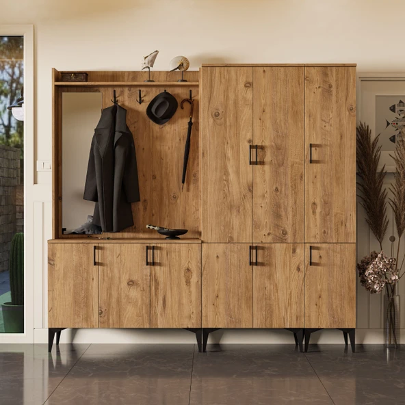 Set 5100-5104-5102 Inca Sol Aynalı 9 Kapaklı 9 Askılı Raflı Portmanto Atlantik Çam - 3