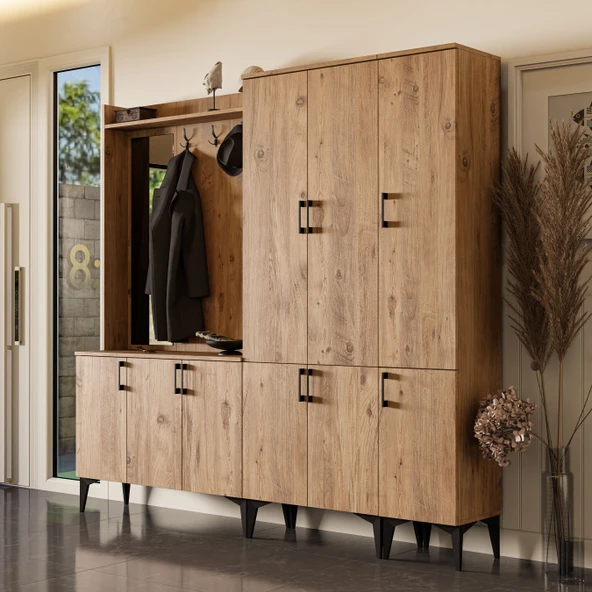 Set 5100-5104-5102 Inca Sol Aynalı 9 Kapaklı 9 Askılı Raflı Portmanto Atlantik Çam