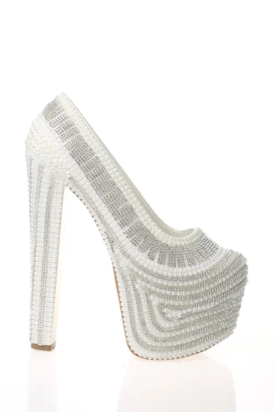 Kadın Beyaz Sedef İnci Taş İşlemeli Gelin Ayakkabı Kadın Topuklu Abiye Ayakkabı Şık Gece Ayakkabısı - Resim 3