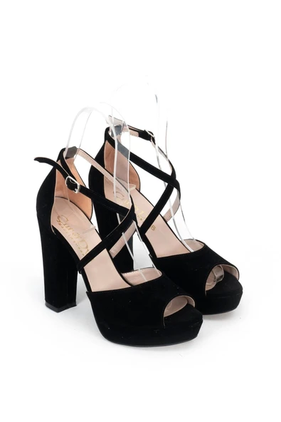 Siyah Süet Kadın Abiye Ayakkabı Kadın Topuklu Şık Gece Ayakkabısı Zarif Tasarım Yüksek Topuk - Resim 2