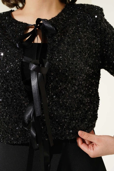 Pul Payet Ceketli Scuba Etekli İkili Takım Siyah - Resim 4