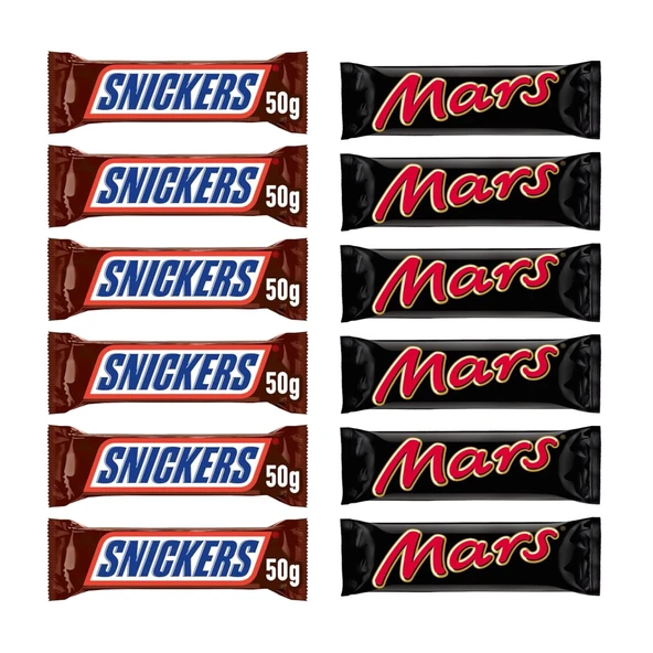 Snickers Yer Fıstıklı Bar 50 gr x 6 Adet + Mars 51 gr Karamelli Bar x 6 Adet