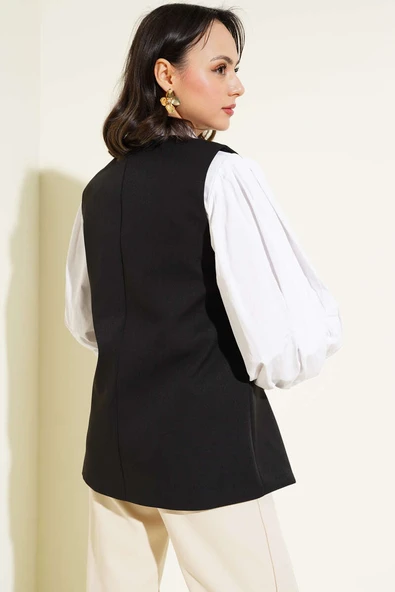 Mini Düğmeli Uzun Yelek Siyah - Resim 3