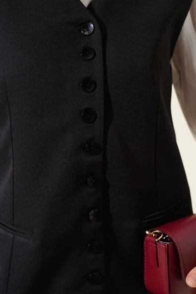 Mini Düğmeli Uzun Yelek Siyah - Resim 4