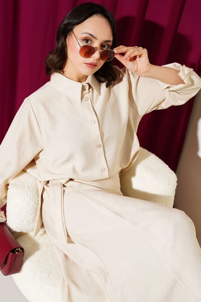 Eteği Yan Bağlamalı İkili Takım Bej ürün görseli 1