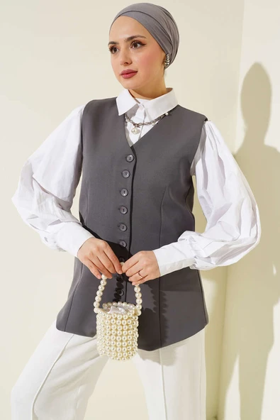 Mini Düğmeli Uzun Yelek Füme ürün görseli