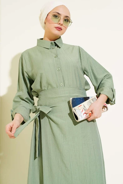 Eteği Yan Bağlamalı İkili Takım Çağla Yeşili - Resim 2