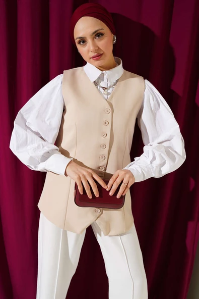 Mini Düğmeli Uzun Yelek Bej - Resim 2