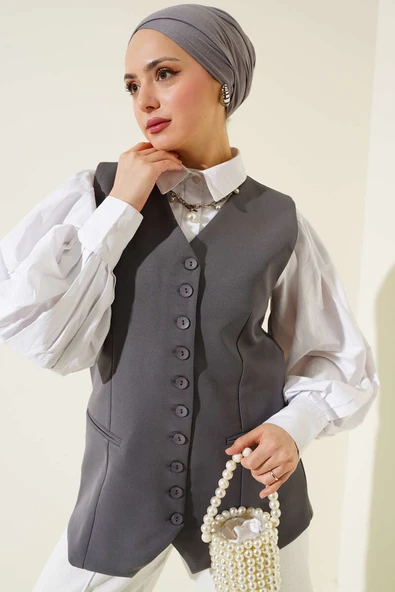 Mini Düğmeli Uzun Yelek Füme - Resim 2