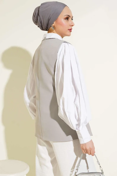 Mini Düğmeli Uzun Yelek Gri - Resim 3