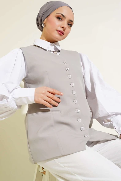 Mini Düğmeli Uzun Yelek Gri - Resim 2