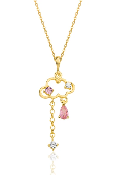 Gümüş altın yaldızlı pembe zirkon taşlı bulut kolye SGTL12351GOLD ürün görseli