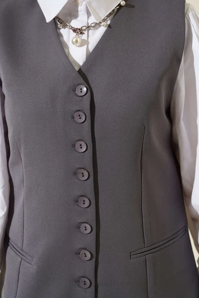 Mini Düğmeli Uzun Yelek Füme - Resim 4