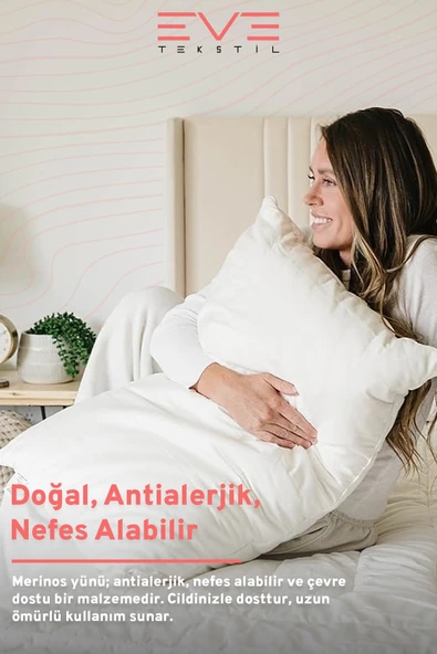 %100 Merinos Kuzu Yünlü Antialerjik Fermuarlı Doğal Yastık 50x70 Cm 900 Gr - 2