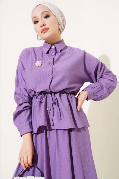 Beli Tünelli Etekli İkili Takım Lila - Resim 2