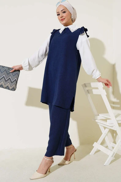 Yaka Taşlı Gömlek Garnili İkili Takım Lacivert