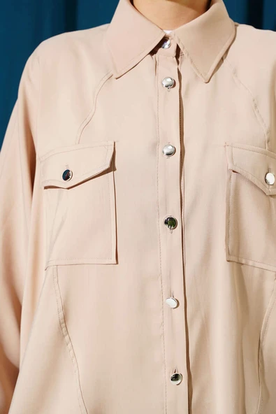 Bileği Ribanalı Oversize Gömlek Taş - Resim 4