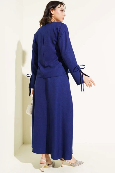 Manşet Bağcıklı Etekli Basic İkili Takım Lacivert - Resim 3