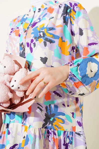 Karışık Desen Yarım Düğmeli Viskon Elbise Lila - Resim 4