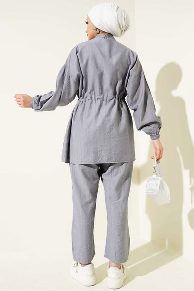 Fermuarlı Bel Tünelli İkili Takım Gri - Resim 3